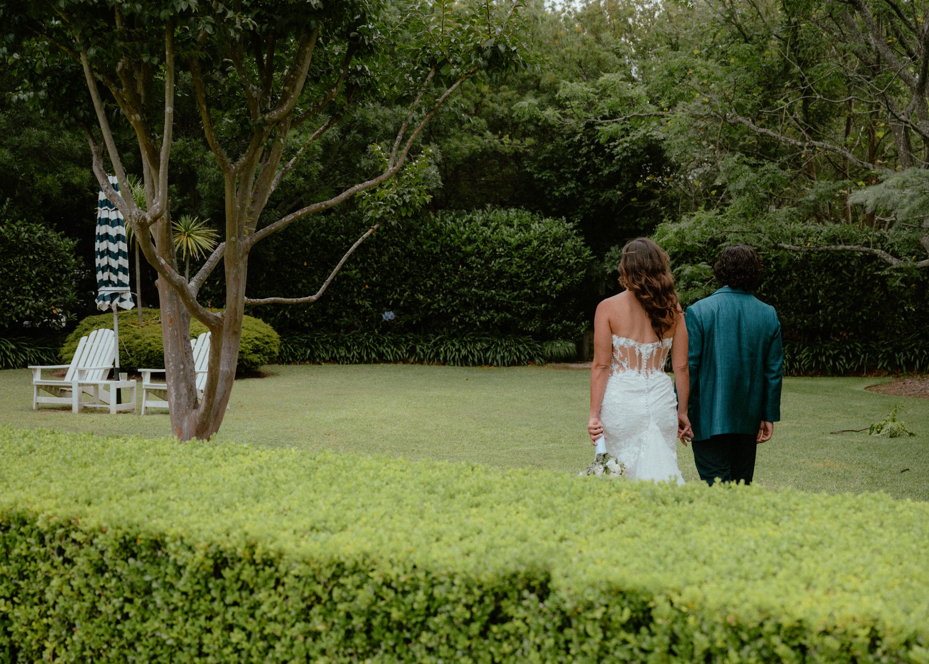 Couple walking in garden